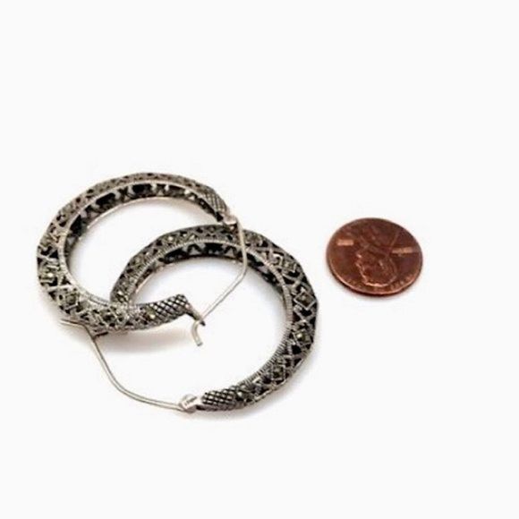 Vintage Sterling Silver Marcasite Cut Out Hinge Back Classic Hoops Earrings - Picture 5 of 11